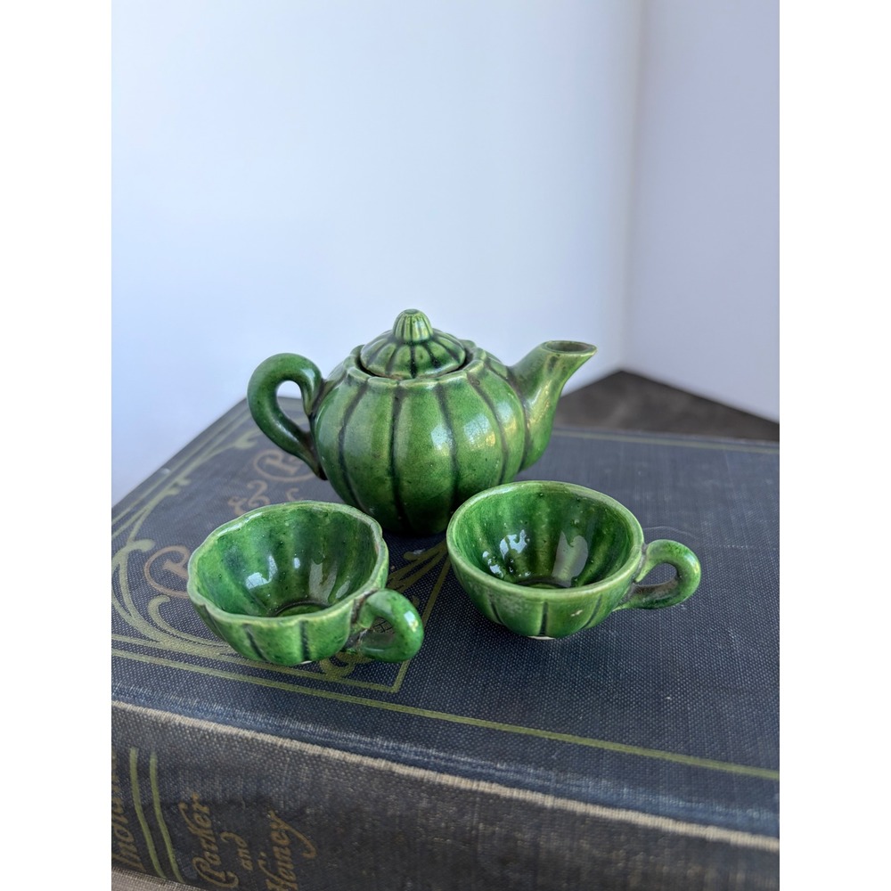 Miniature Green Ceramic Pumpkin Tea Set Teapot 2 Cups Ribbed Glazed
